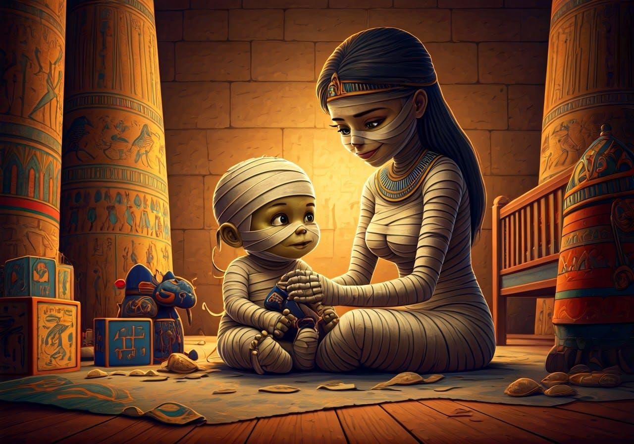 Adorable Mummy Family in Egyptian Baby Room