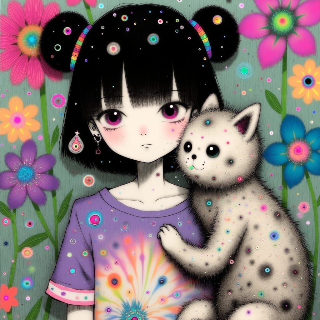 Kawaii Space Cat Girl in Vibrant Psychedelic Wonderland