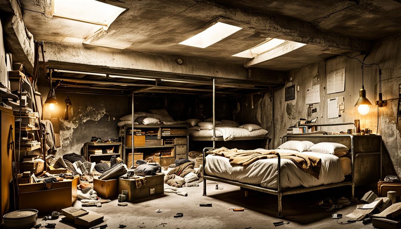 Cluttered Concrete Bunker Bedroom with Brass Bed