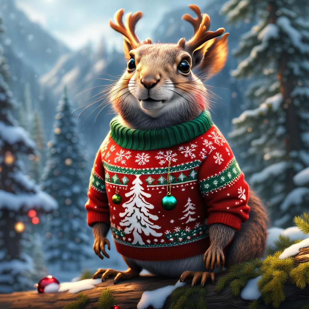 Squirrel in Ugly Christmas Sweater: Detailed Digital Art