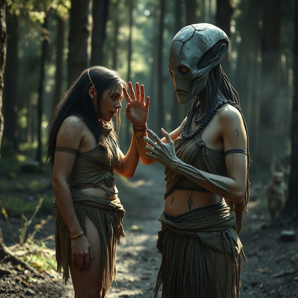 Stone Age Woman Protects Friend From Alien Contact