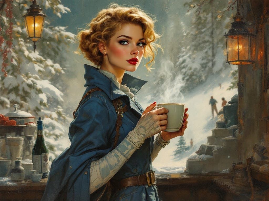 Blonde Pin-Up at Ski Lodge with Coffee