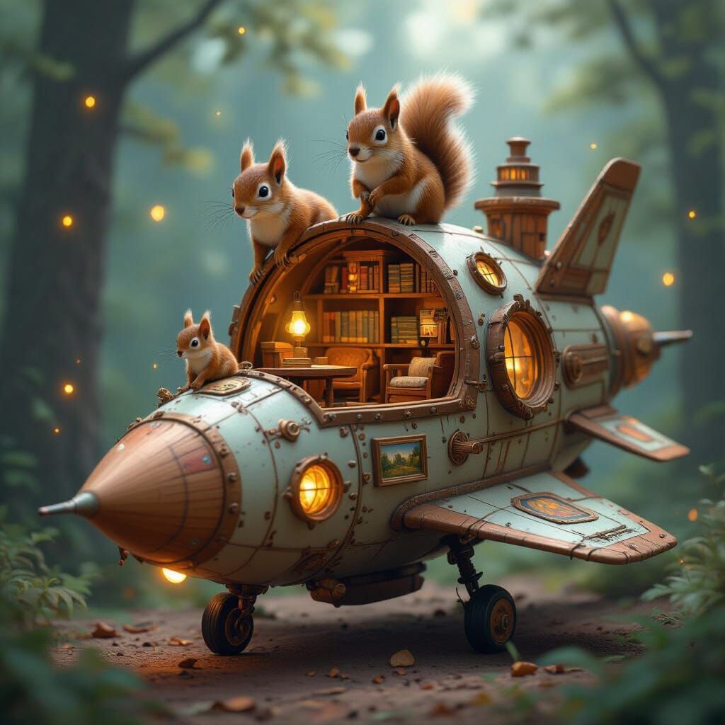 Squirrel Family in Acorn Rocket Ship, Hyperrealistic Art