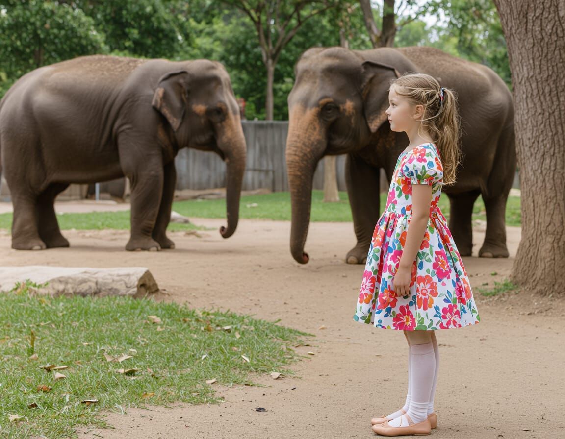 Girl Observes Elephants at the Zoo
