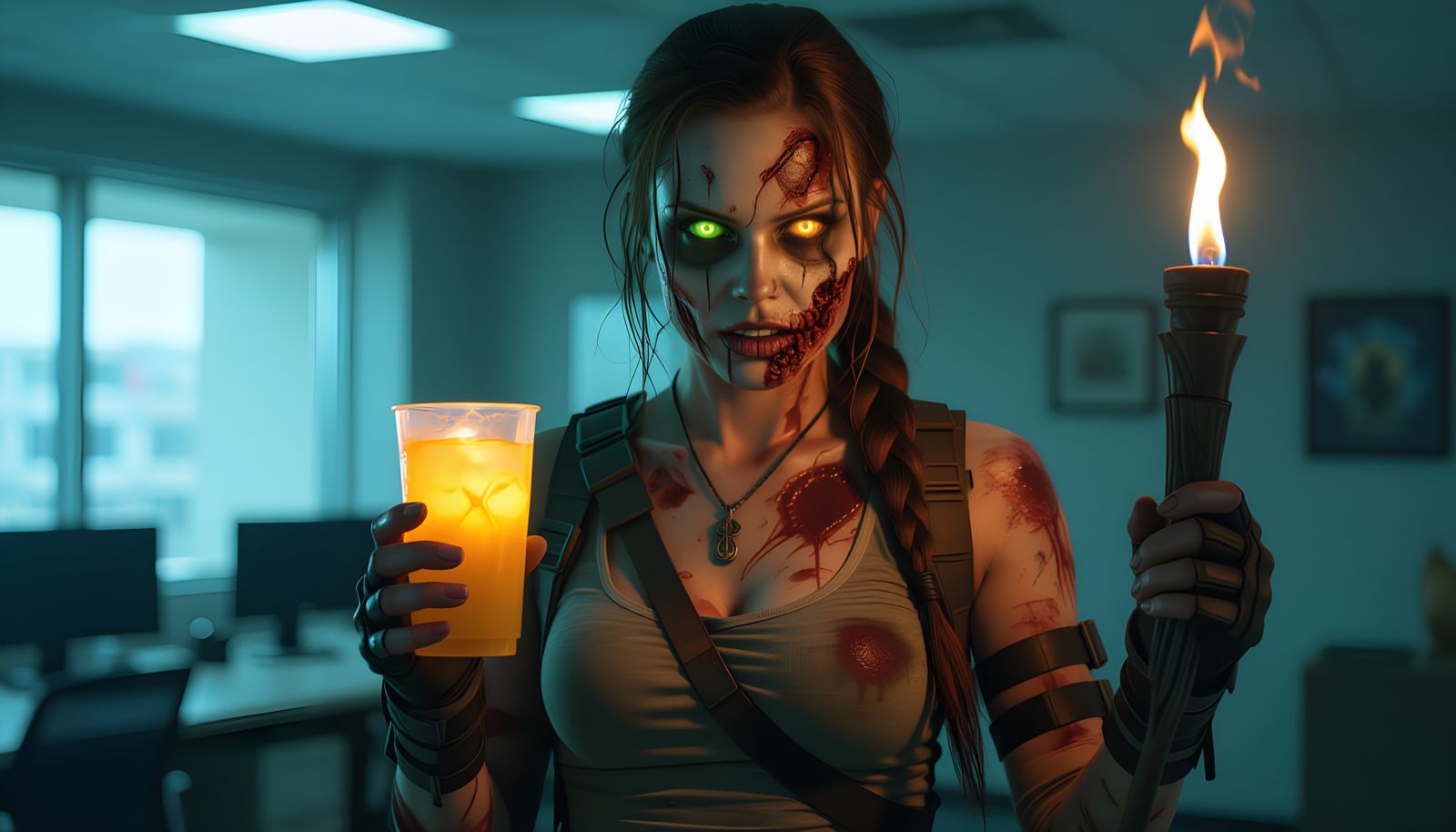 Undead Lara Croft Zombie at Office Halloween Party