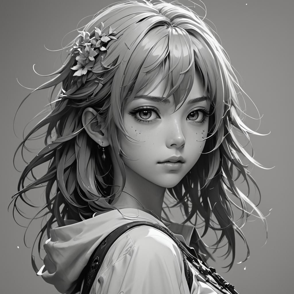 Monochrome Anime Portrait in 3D Rendered Style