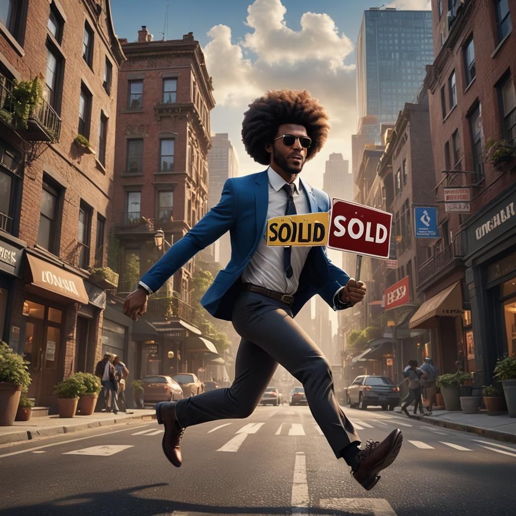 An small Afro American man realtor sprinting holding a just ...