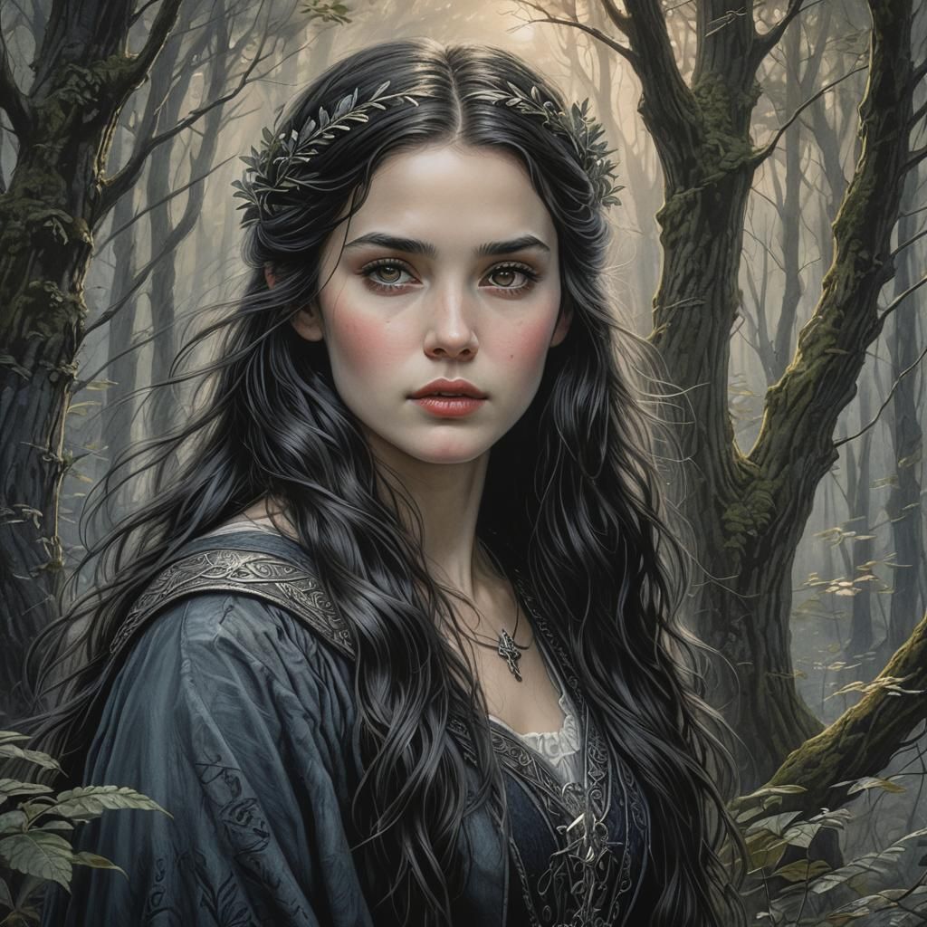 Ethereal Luthien in Moonlight: Pencil Art