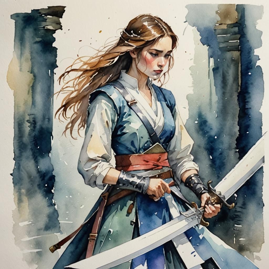Watercolor Woman Cuts Paper with Sword