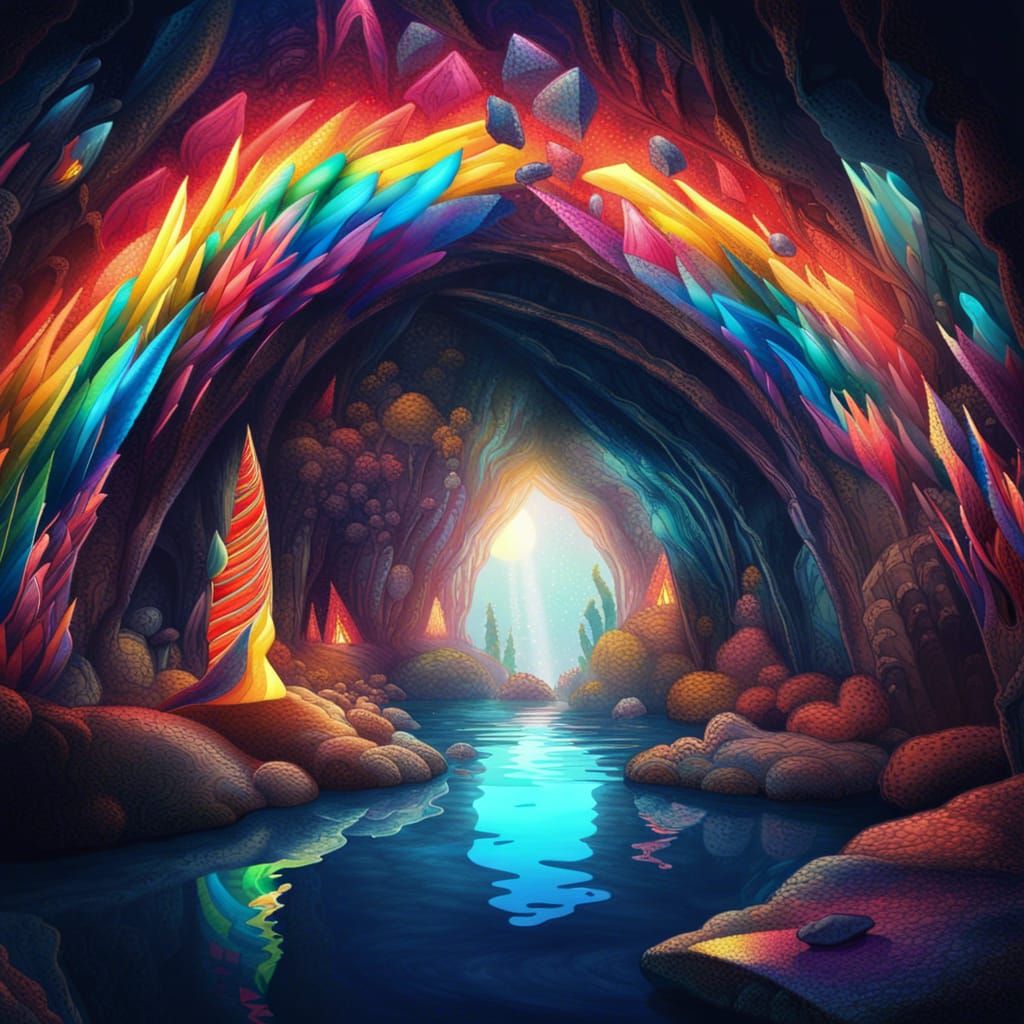 Underwater Cave Fireworks in Cyberpunk Stained Glass Style