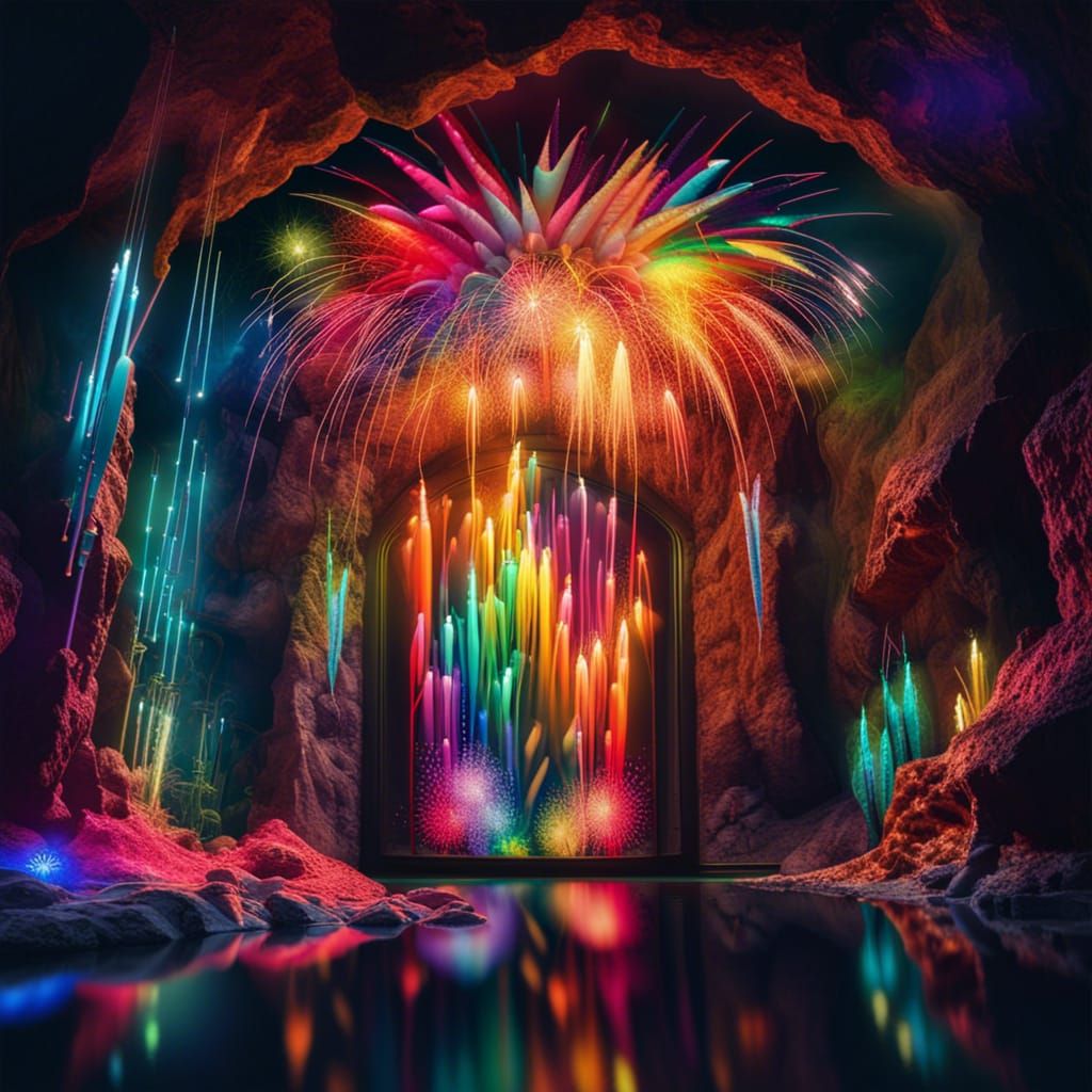 Cyberpunk Fireworks in Underwater Cave: Stained Glass Art