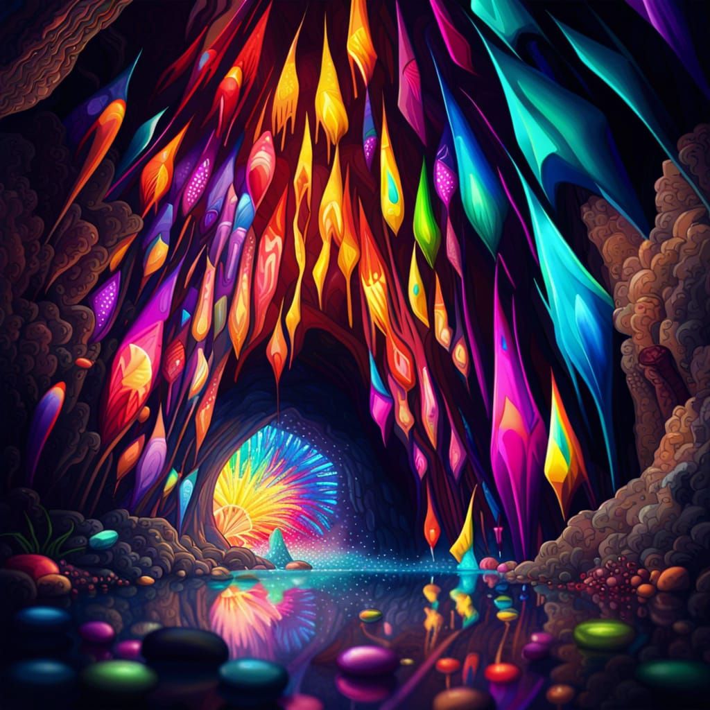 Cyberpunk Underwater Cave Fireworks in Stained Glass