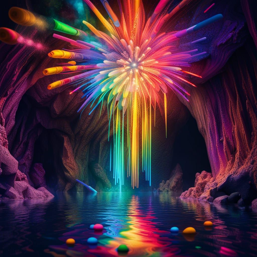 Rainbow Fireworks in Underwater Cave: Cyberpunk Stained Glas...