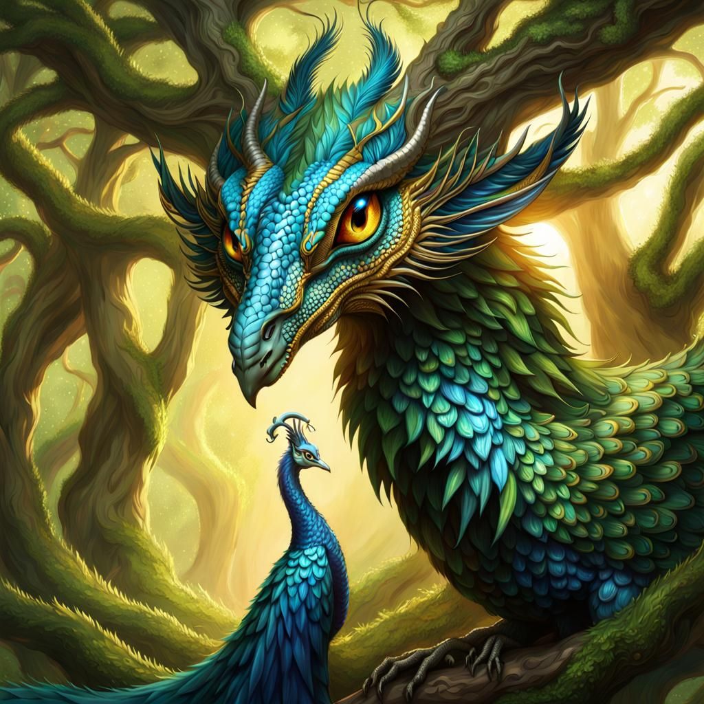 Dragon-Peacock Hybrid with Nymph in Ethereal Style
