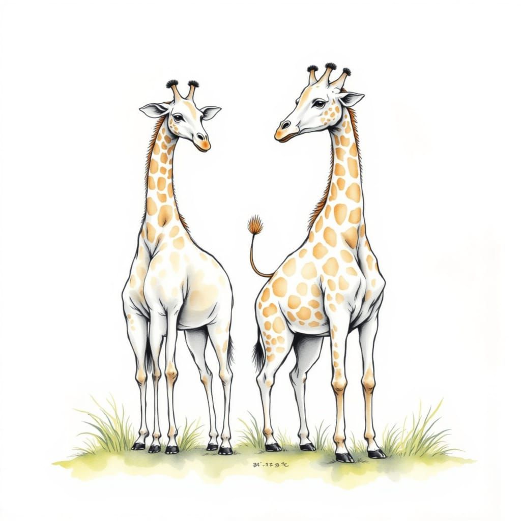 Two Curious Giraffes in Line Drawing Inkwash Style