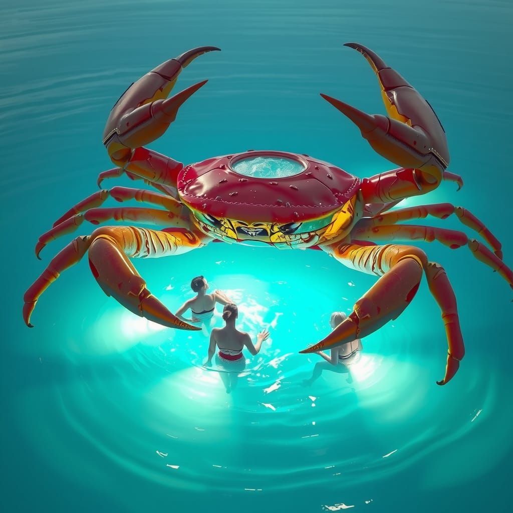 Surreal Crab Jacuzzi with Neon Reflections