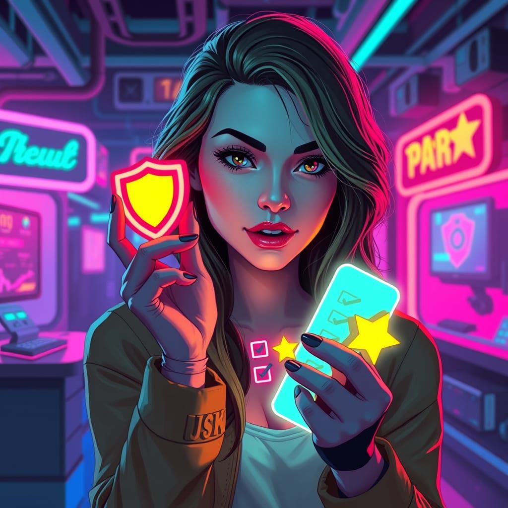 Woman with Glowing Checklist in Neon Cityscape
