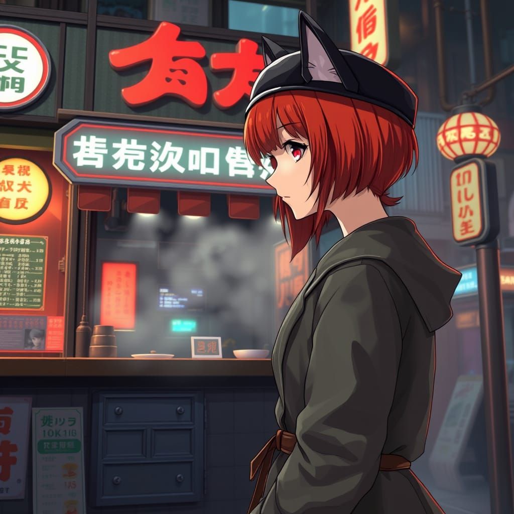Girl at Robot Noodle Bar in Neo-Tokyo, Anime Style