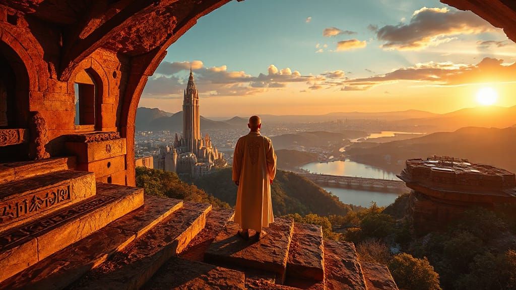 Mystical Priest Gazes at Futuristic Cityscape from Ancient S...