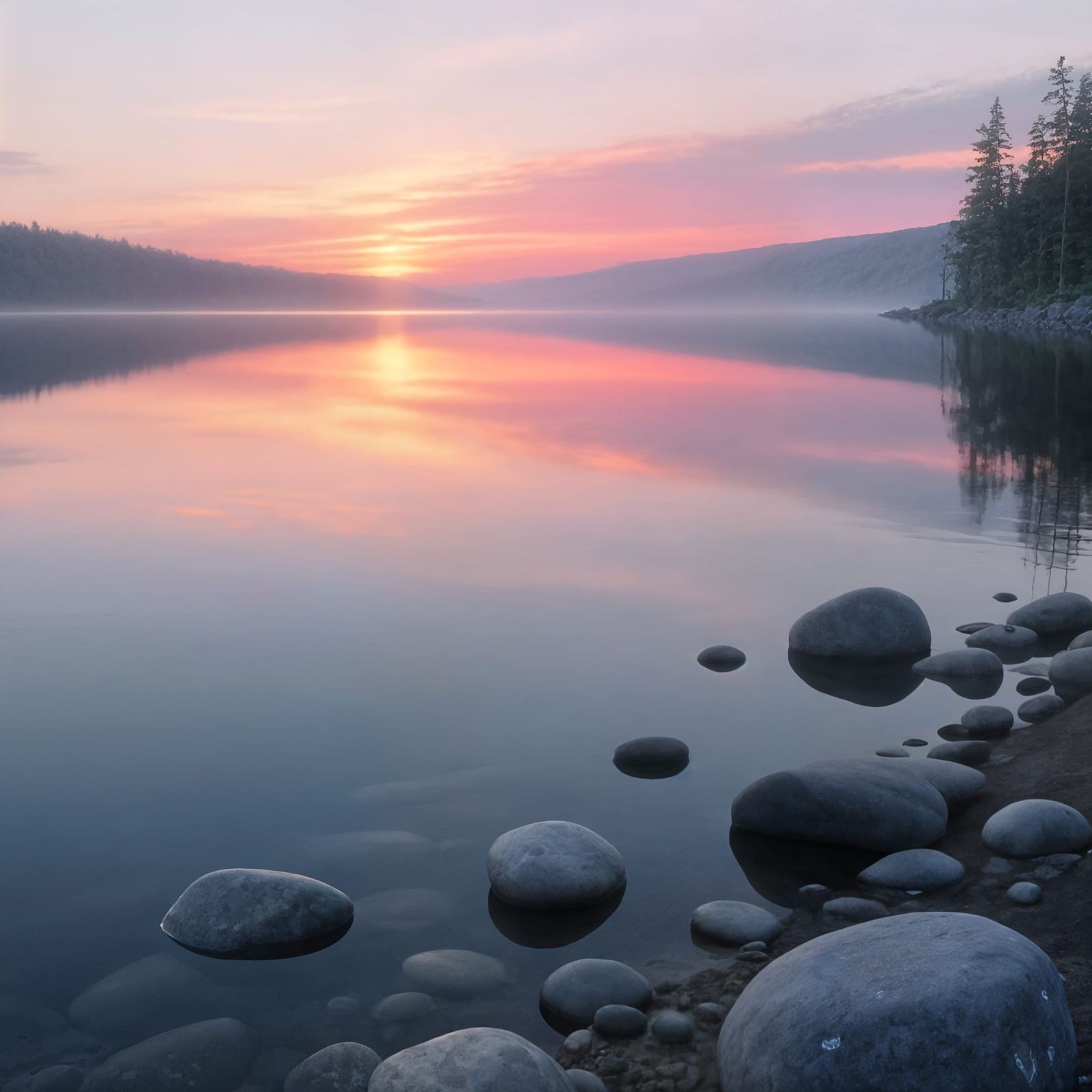 Vibrant Sunset Reflected in Crystal-Clear Lake