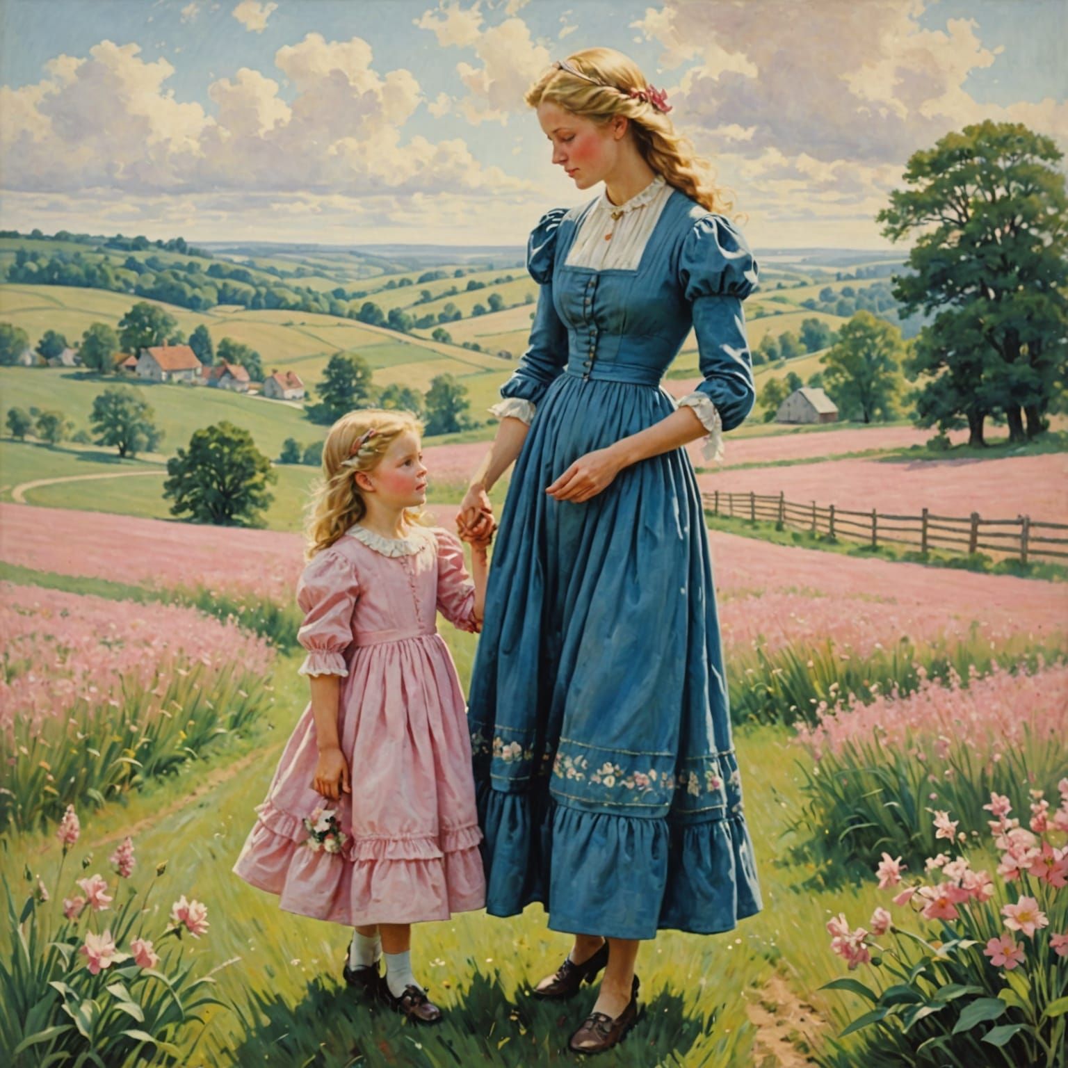Mother and Daughter in Field, Impressionist Style