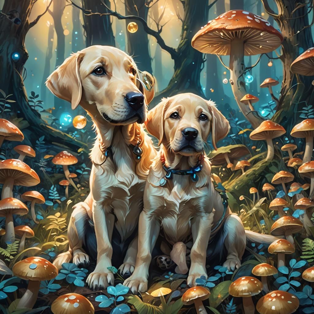 Playful Labrador Puppies in Fantasy Forest Concept Art