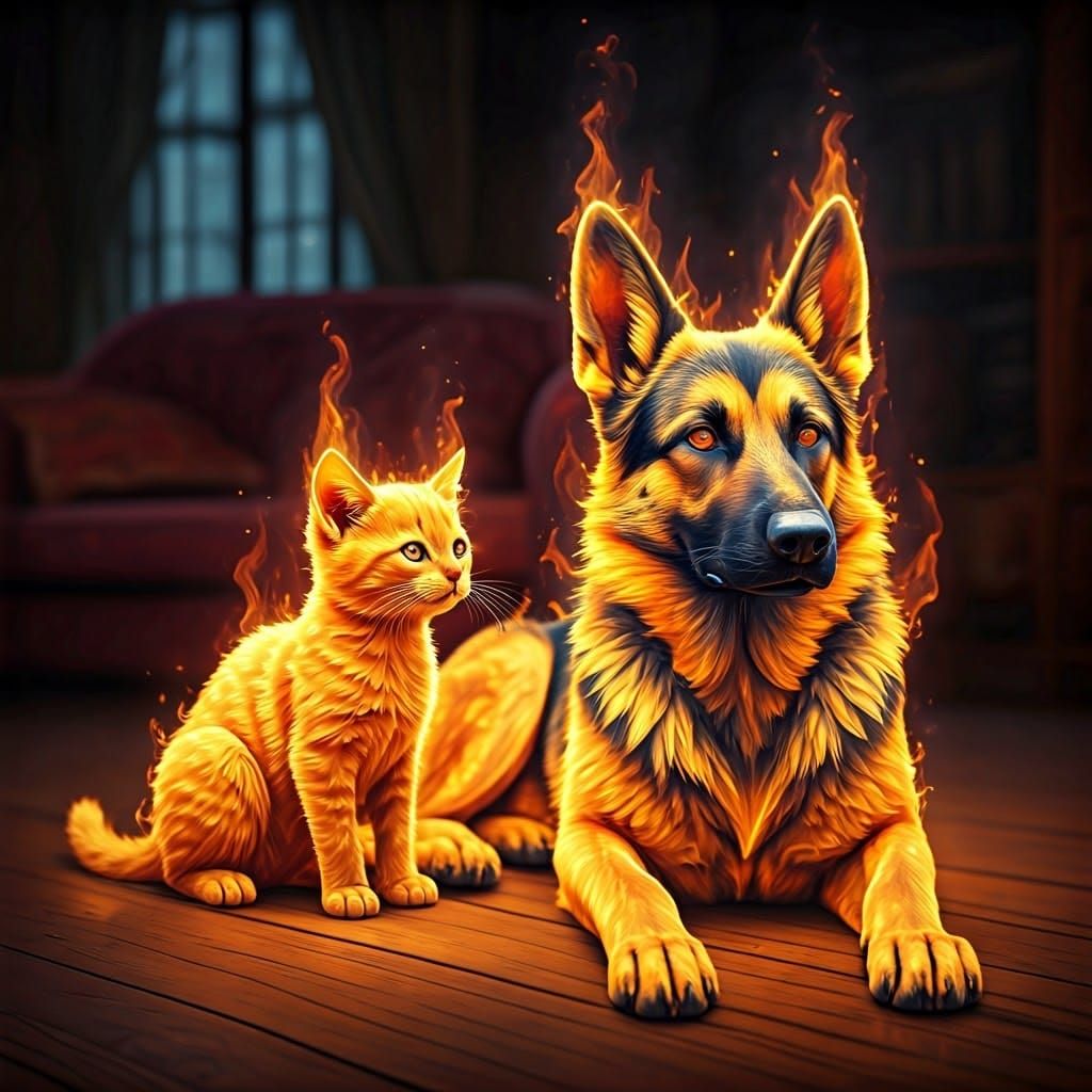 Fiery Kitten and German Shepherd in Cozy Room