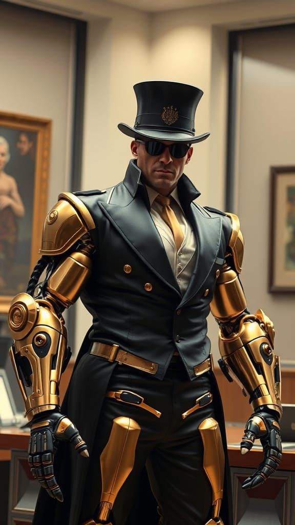 Steampunk Cyborg Cop with Brass Mechanical Limbs