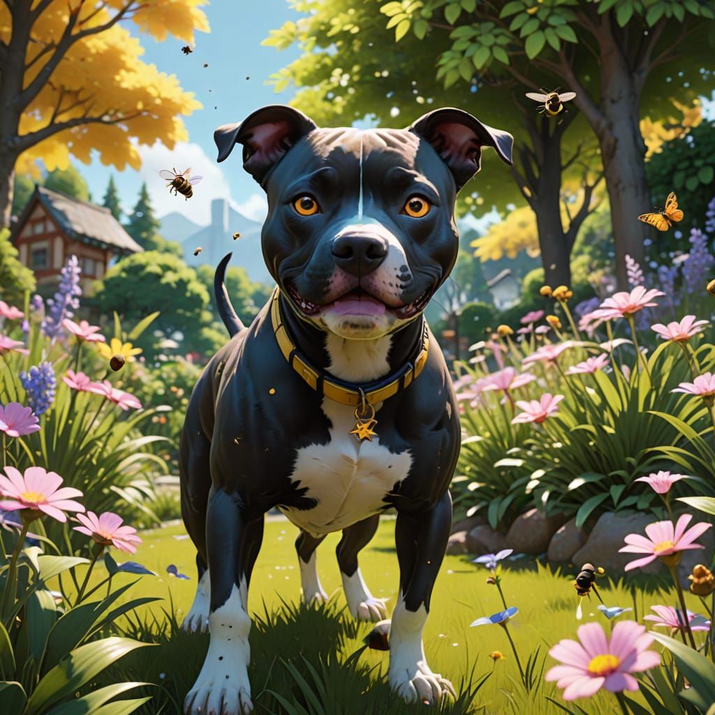 Vibrant 3D Anime Pitbull Chases Bee in Exotic Garden