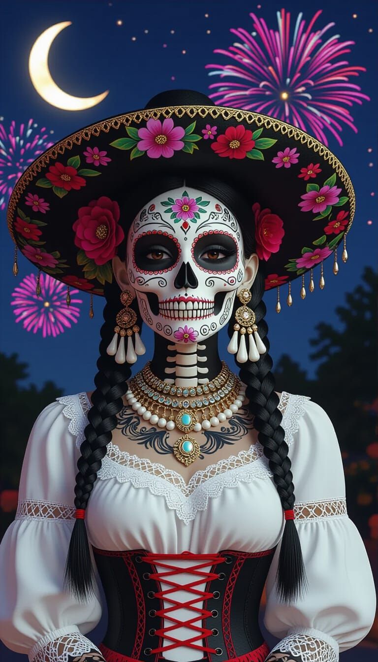 Catrina Skull with Floral Tattoos and Sombrero