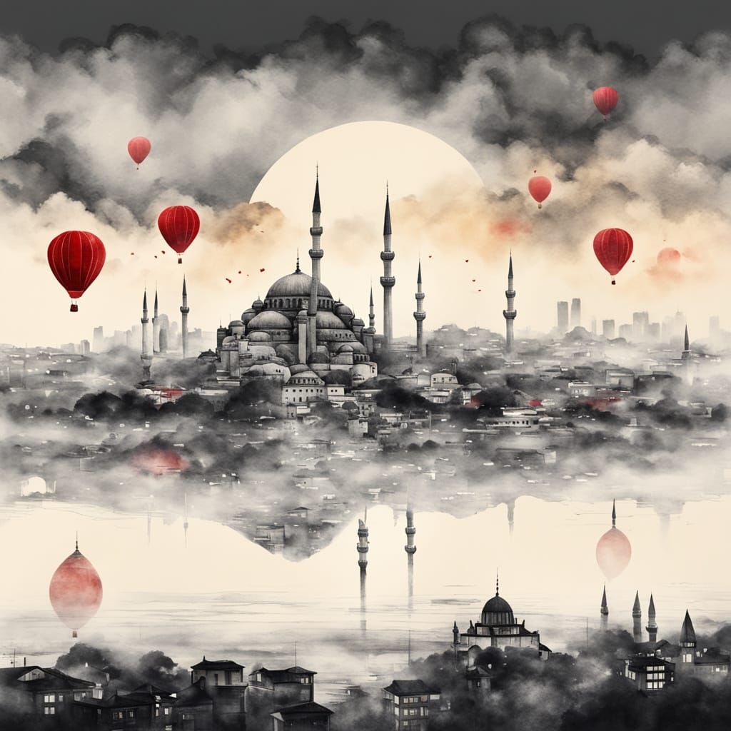 Ethereal Istanbul Skyline at Sunset in Japanese Sumi-e Style