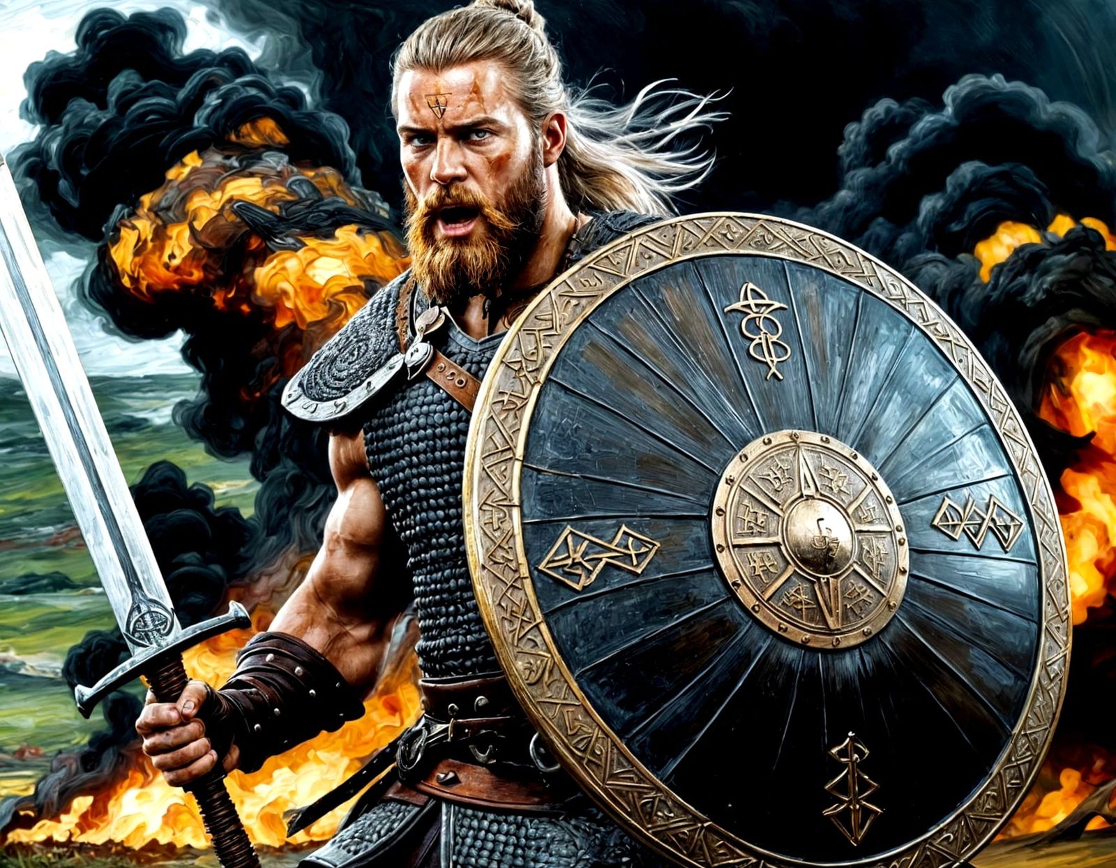 Viking Warrior on Battlefield, Detailed Oil Painting