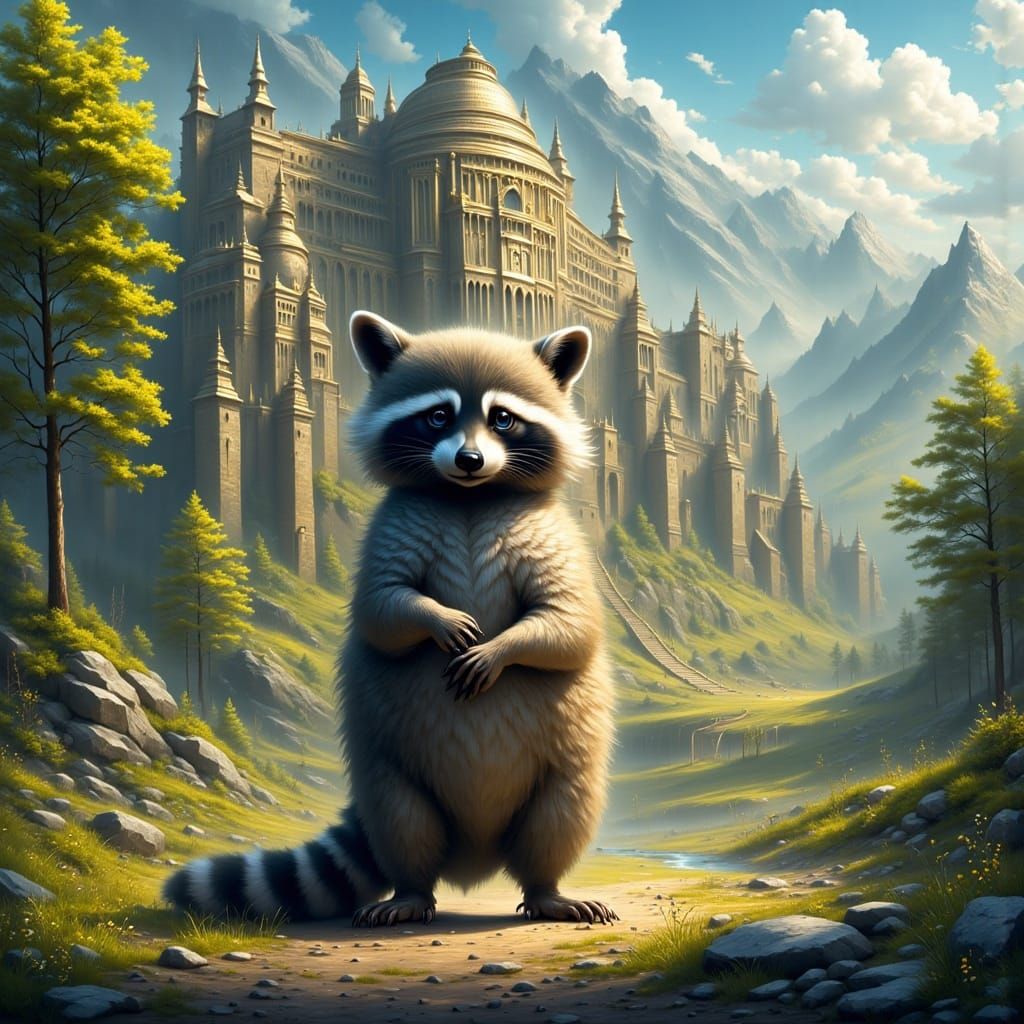 Sweet Raccoon in Ancient City Building