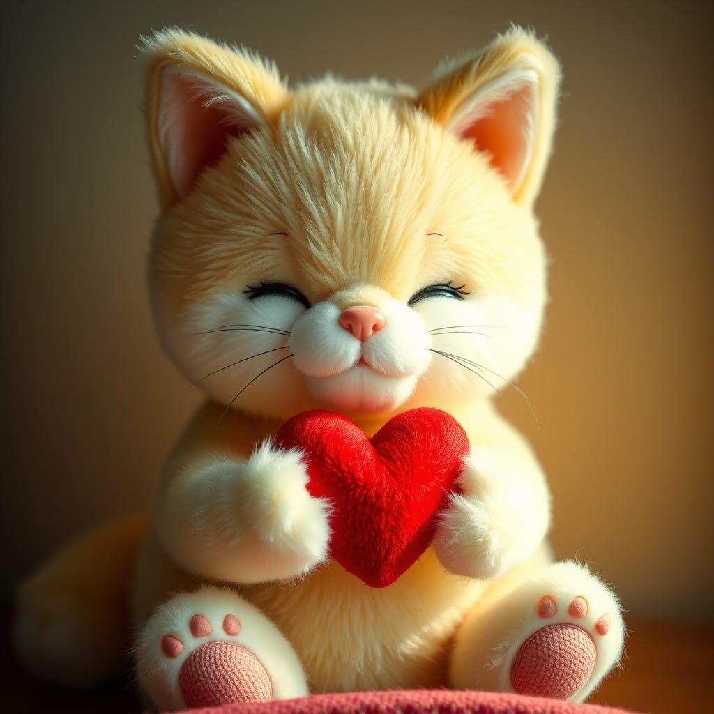 Endearing Kawaii Cat Holds Red Heart with Whimsical Japanese...