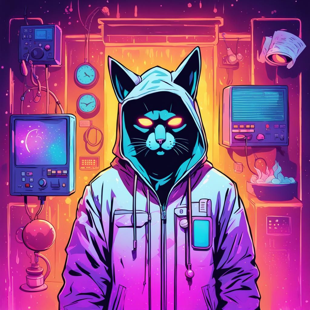 Synthwave Cat Figure with Mask and Needle