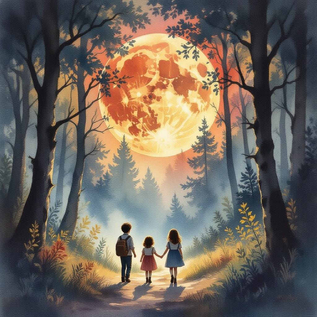 Children in Ethereal Forest Under Crimson Moon