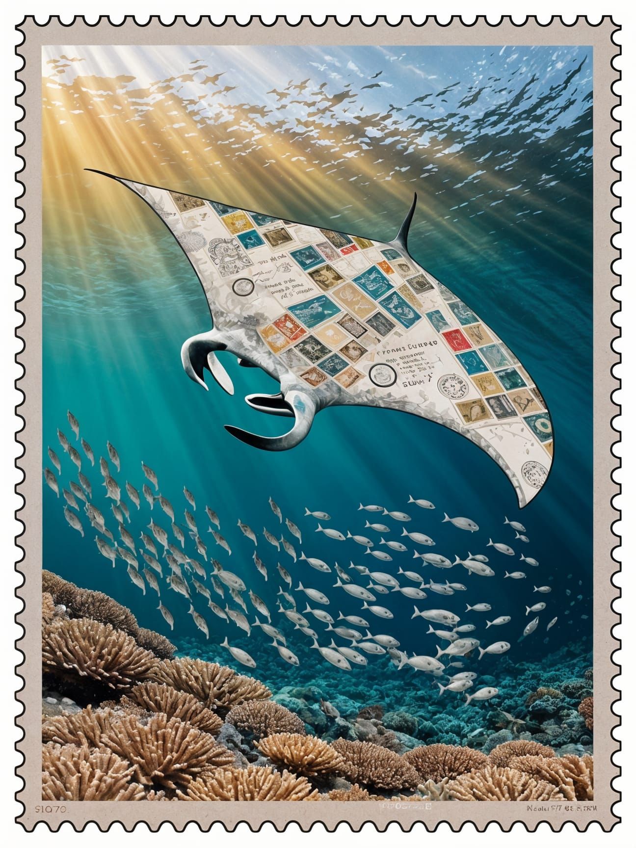 Manta Ray Postage Stamp Design Over Coral Reef