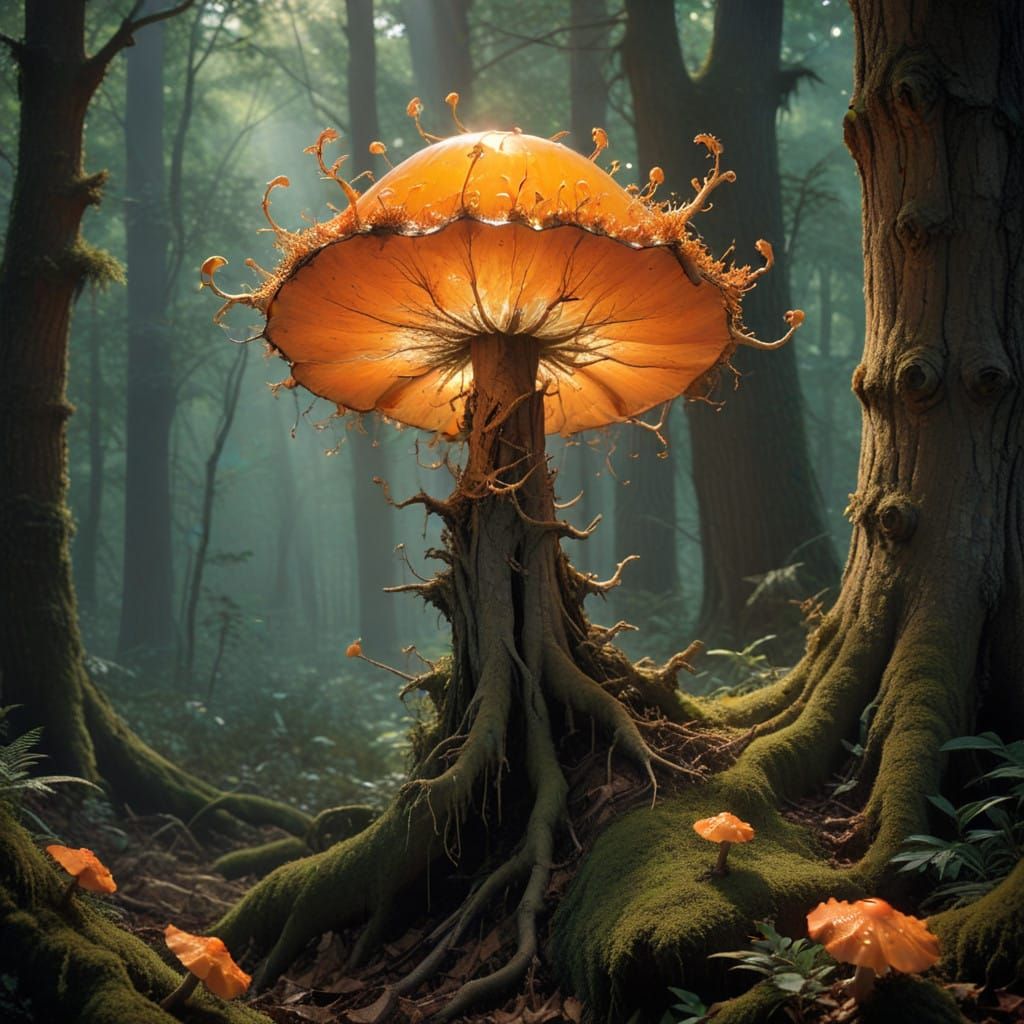 Vibrant Orange Lamp Fungus in Dappled Forest Light