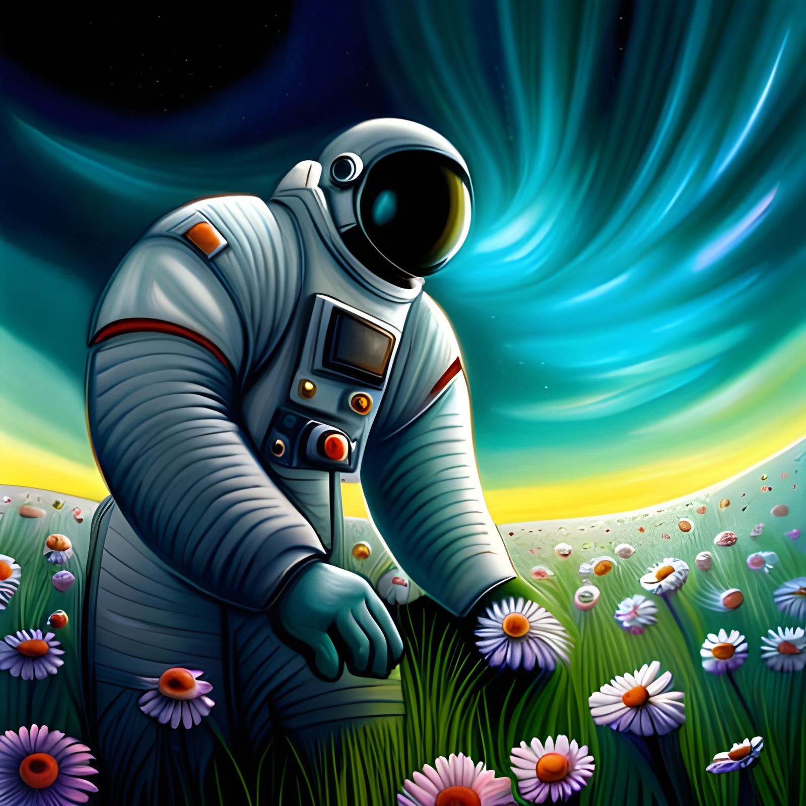 Hawaiian Astronaut on Alien Planet in Picasso Style