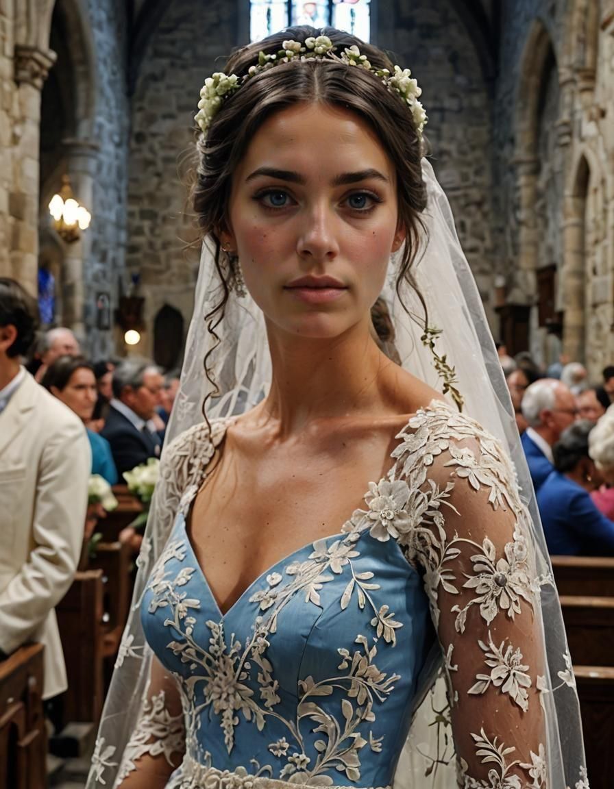 Portuguese Woman in Blue Lace Dress at Dawn