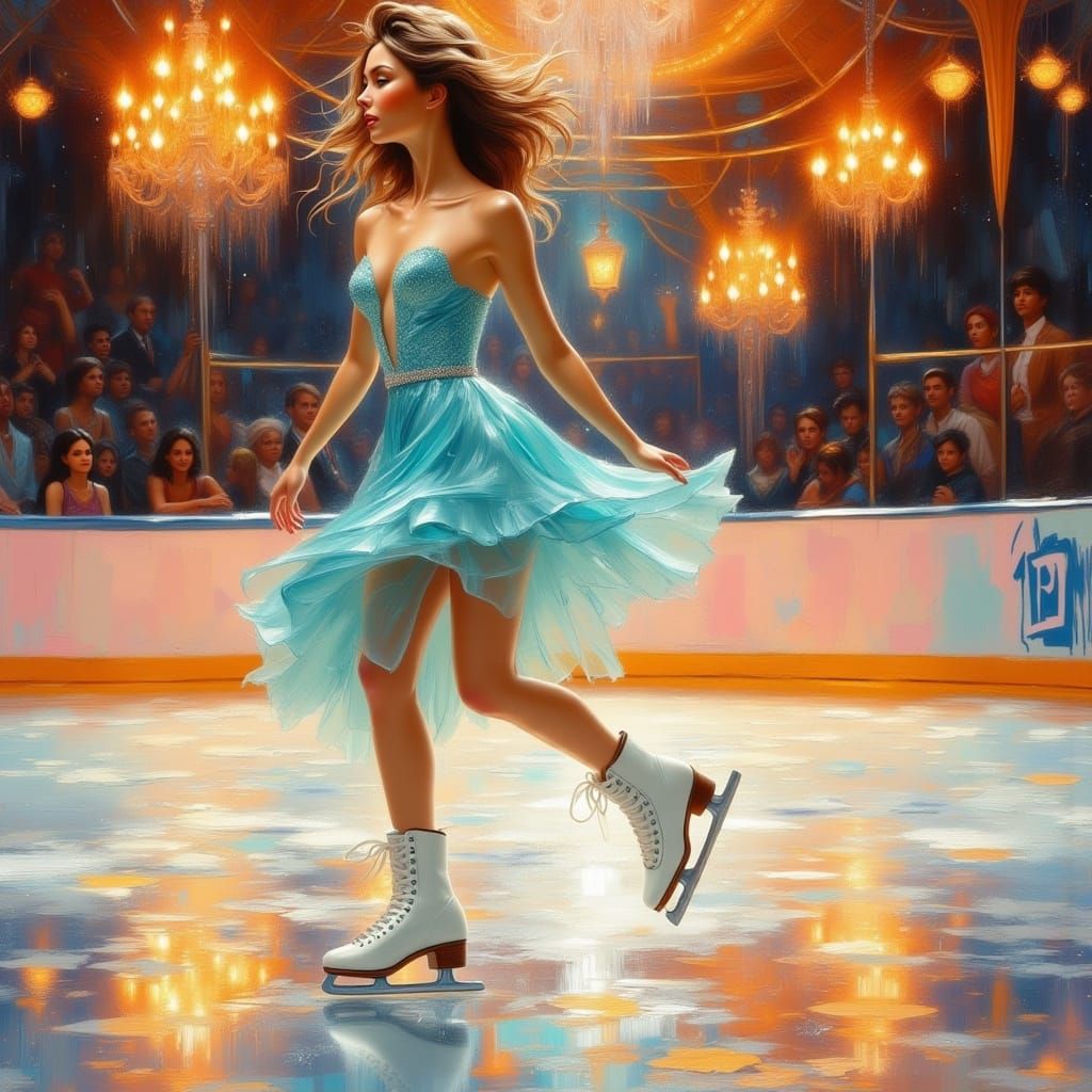 Ice Skater in Blue Dress on Neon Rink