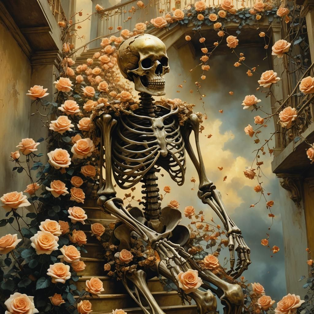 Rose Skeleton Climbing Golden Stairs to Heaven
