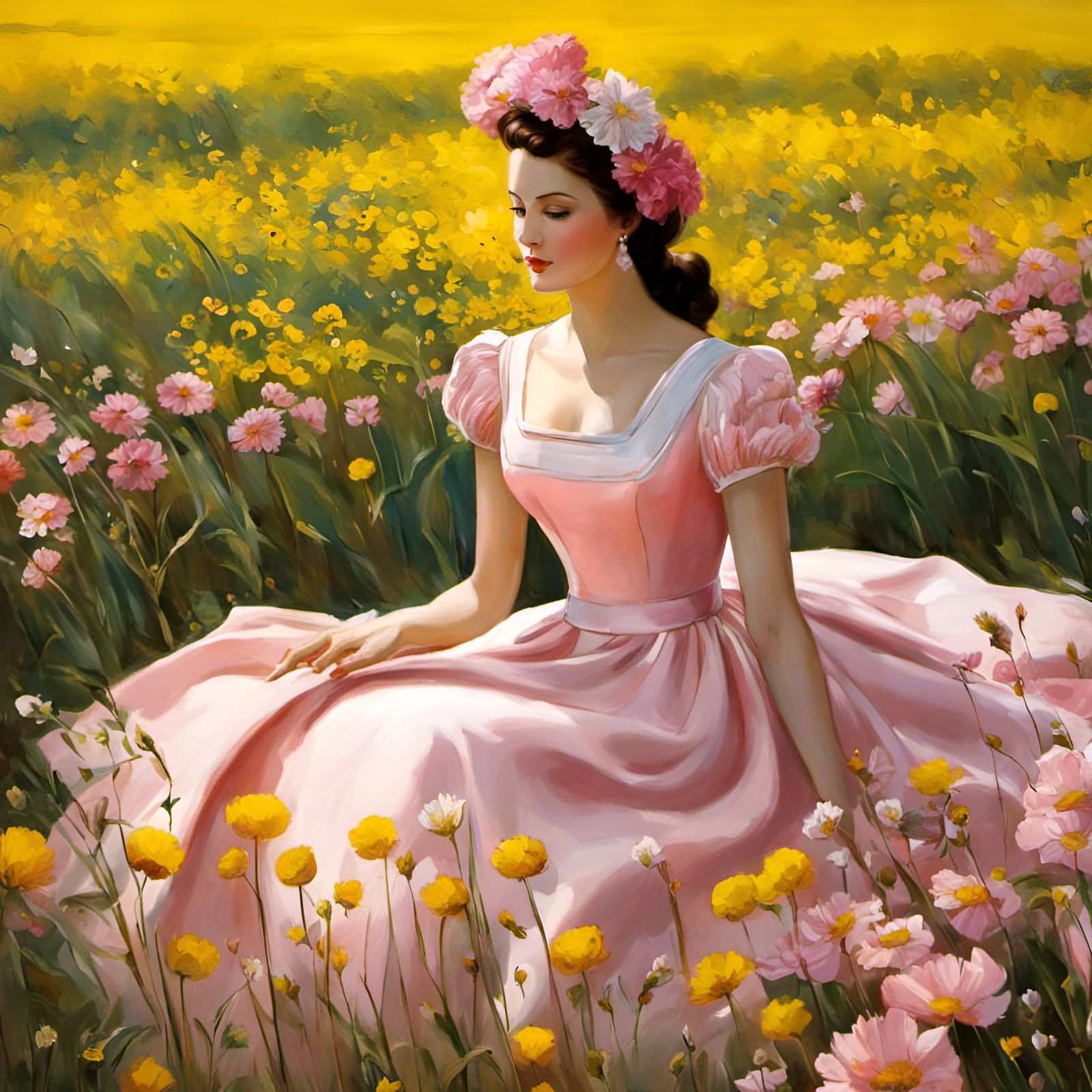 Vintage Painting of Woman in Flower Field
