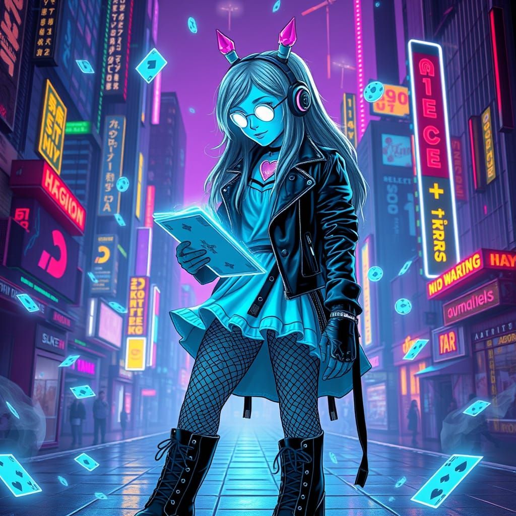 Cyberpunk Alice as a Neon Hacker in a High-Tech Cityscape