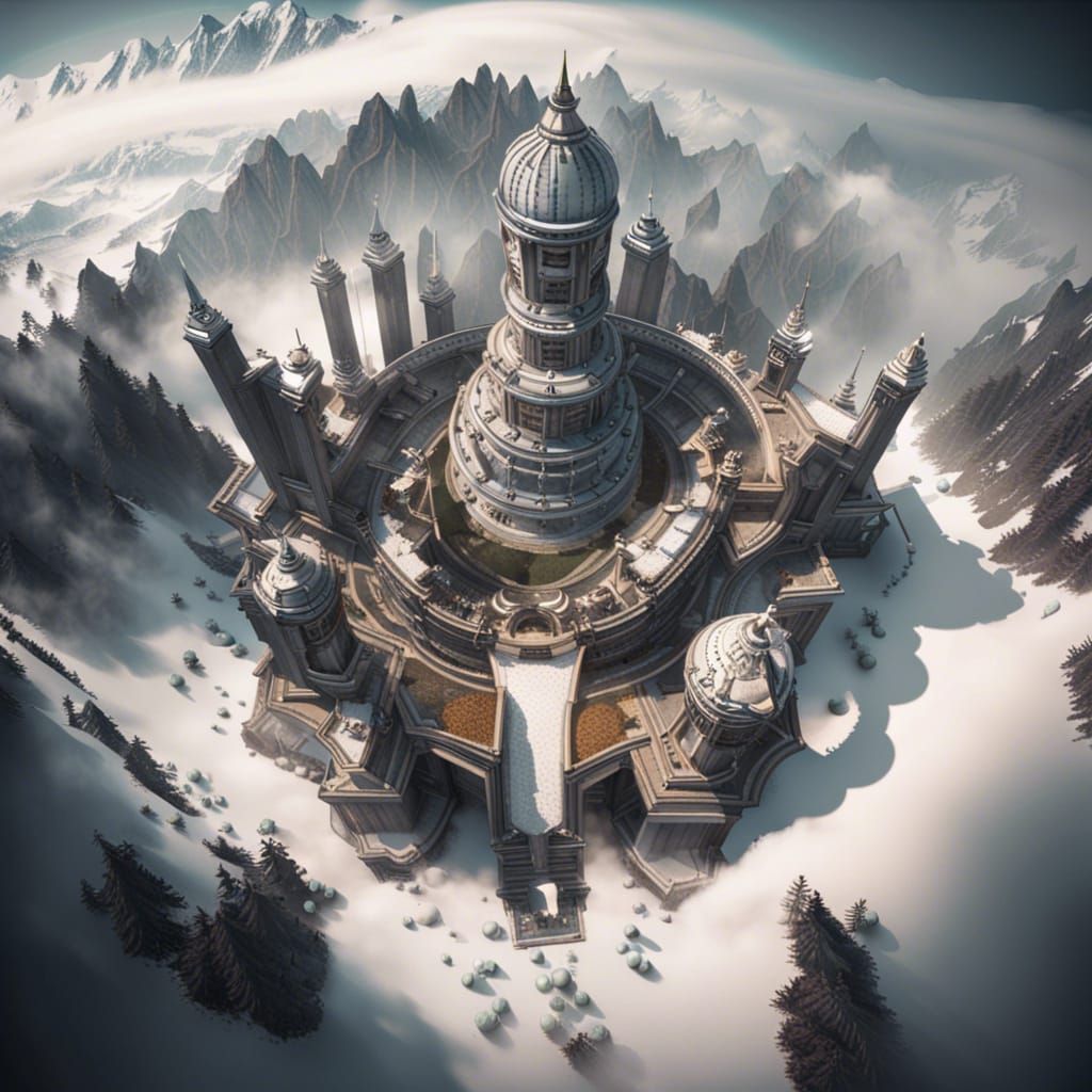 Aerial architectural photography, of an ancient stone temple, intricately carved pillars and archways, impossibly balanc...