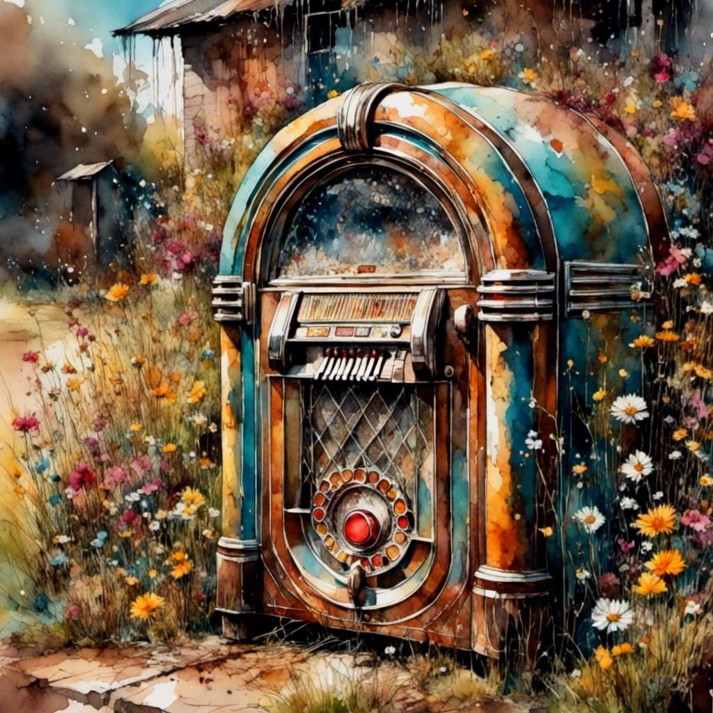 Rusty Jukebox with Wildflowers in Vibrant Graffiti Style