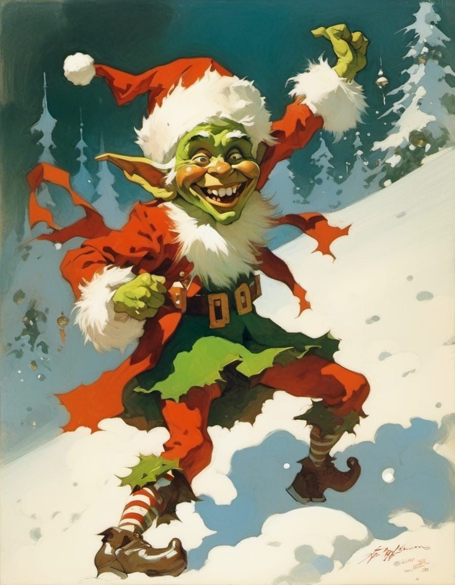 Christmas Elf Dancing: Frazetta and Moebius Style