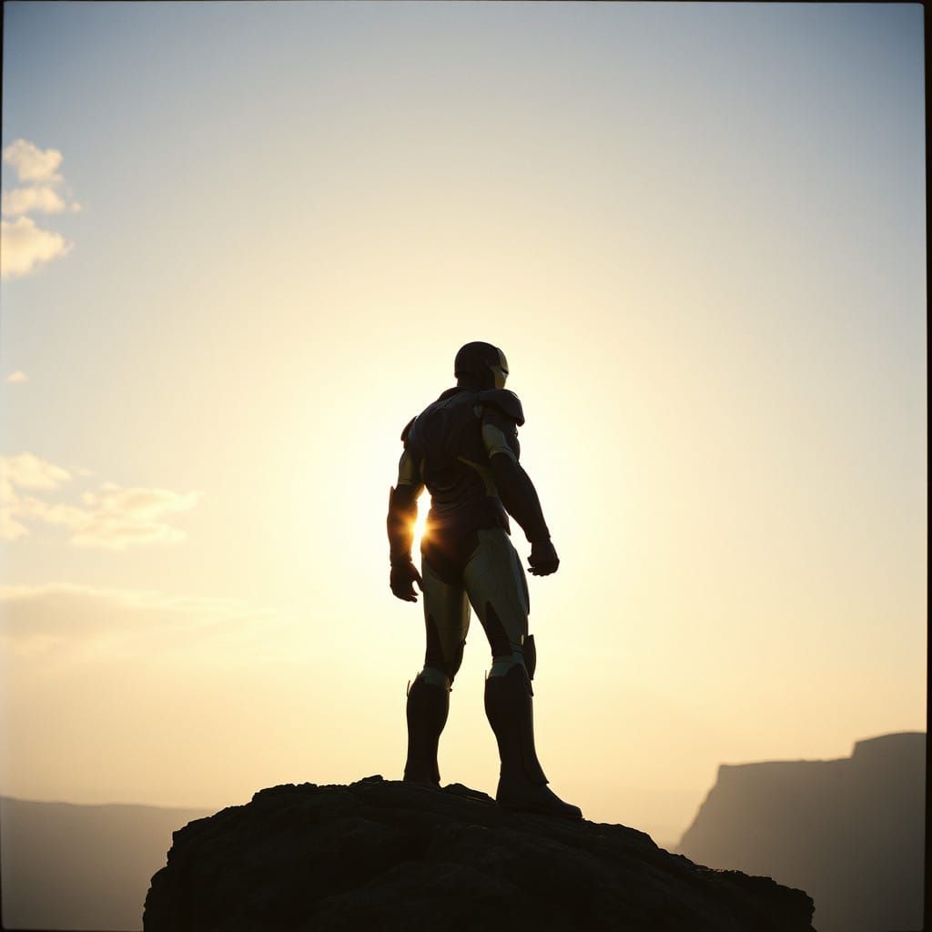 Ironman Silhouetted Against a Vibrant Sunset in Cinematic St...