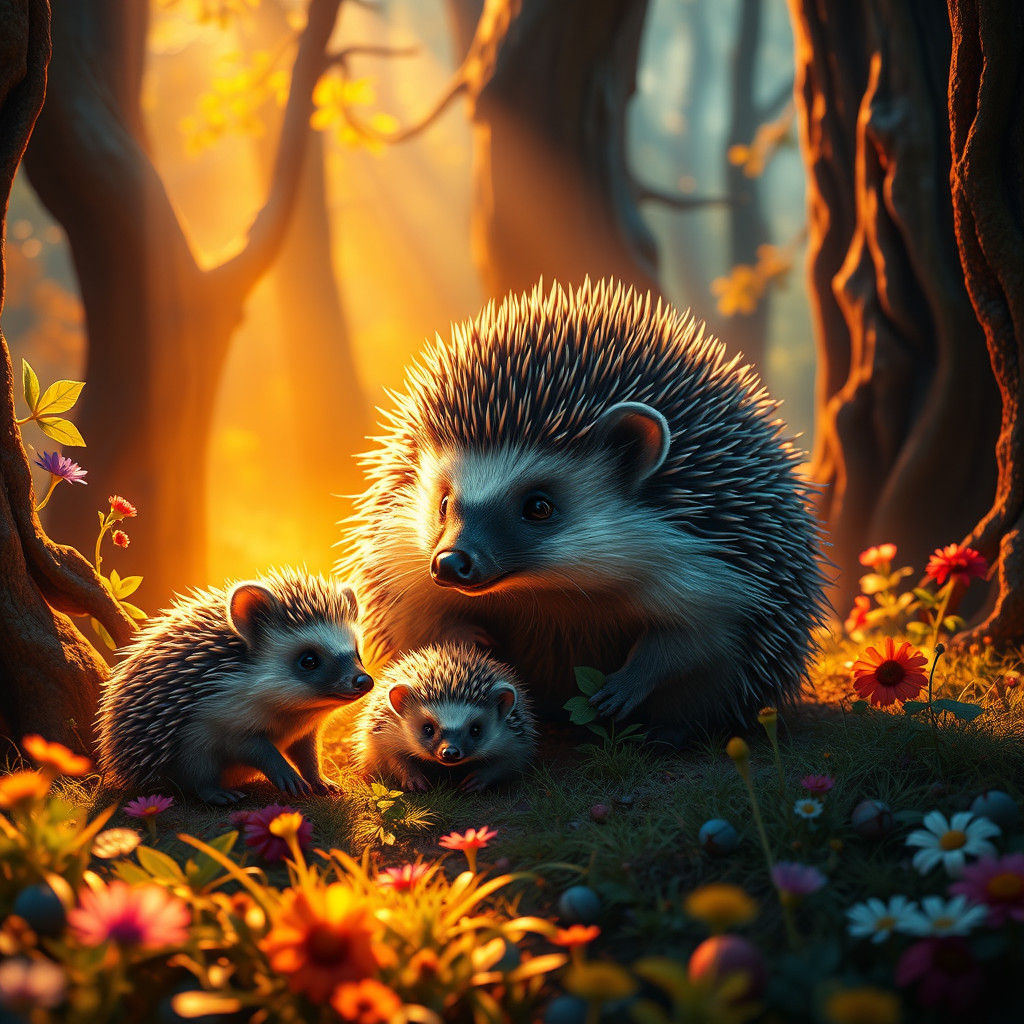 Hedgehog Family in Enchanted Forest, Matte Painting