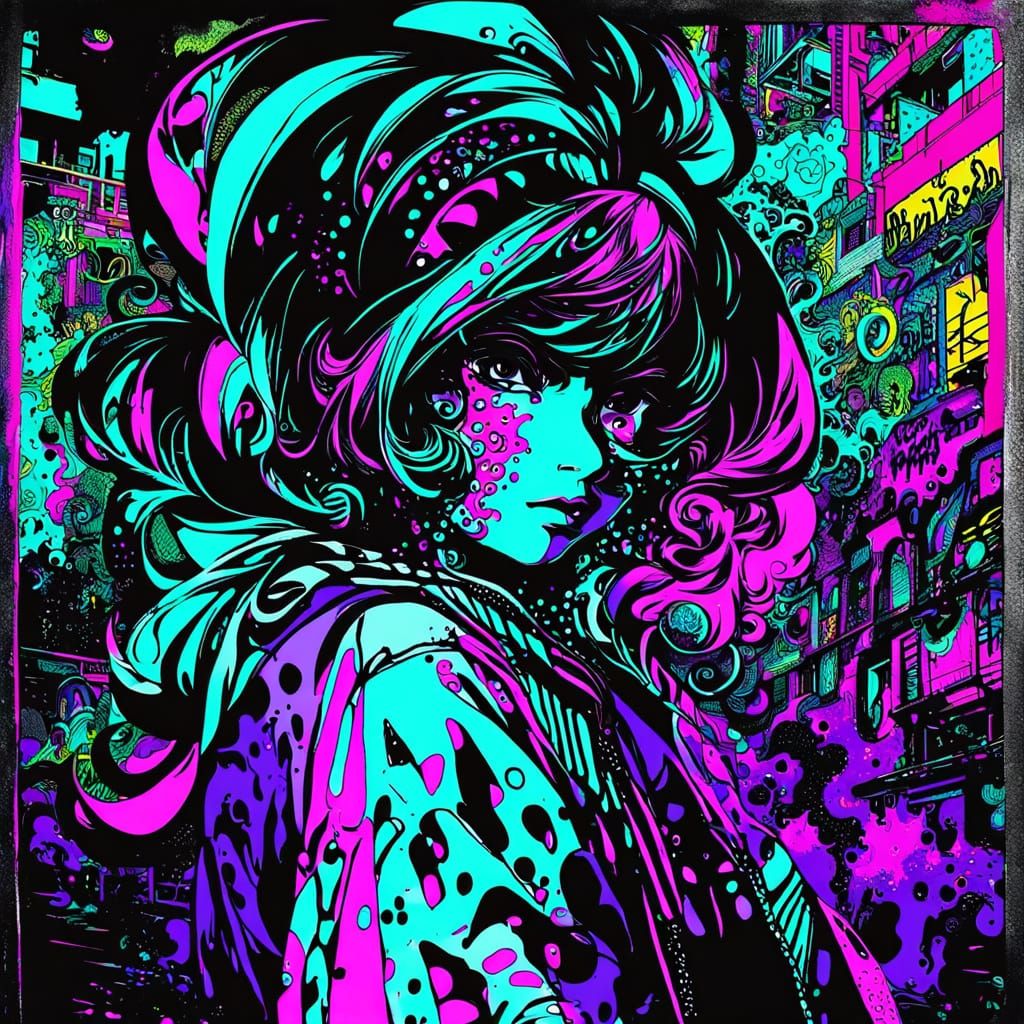 Vibrant 80s Anime Woman in Turquoise and Purple